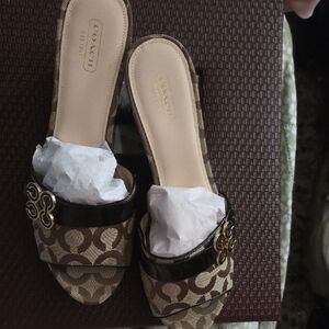 Coach Brown & Tan Signature Canvas Slide Mules with Gold Accent